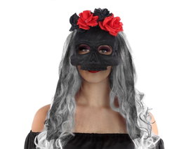 Atosa Máscara Calavera Negra con Flores y Velo para Catrina Elegante