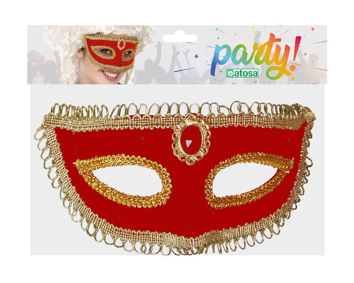 Máscara Veneciana Rojo Dorada con Detalles Dorados y Gema Central - Ideal para Carnaval y Fiestas de Época