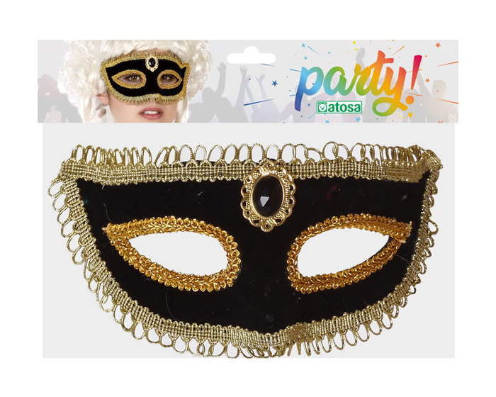 Máscara Veneciana Negro Dorada con Ribetes Dorados y Piedra Central - Accesorio para Eventos Elegantes