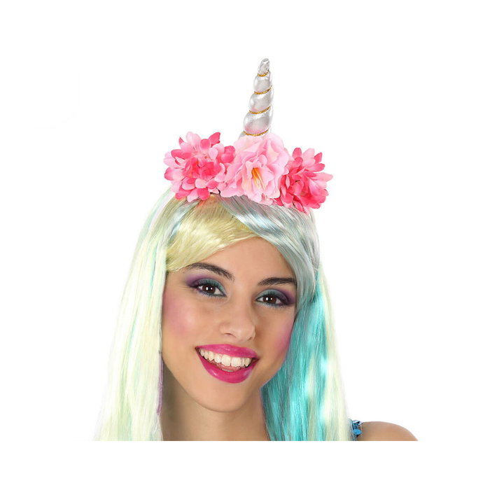 Atosa Diadema Unicornio con Cuerno Plateado y Flores Rosadas para Mujer Adulto