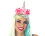 Diadema Carnaval Unicornio Mujer Adulto con Cuerno Plateado y Flores Rosadas