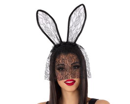 Diadema Orejas Conejo Negro con Velo Encaje Elegante para Disfraz Halloween Fiesta
