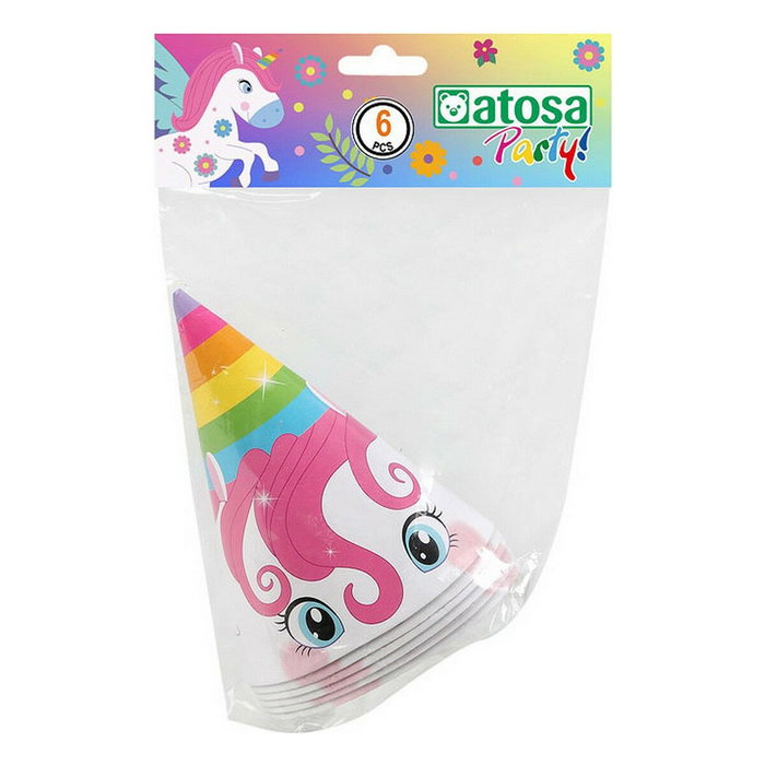 Atosa Set de 6 Gorros de Cartón Unicornio Multicolor, 10 cm Diámetro