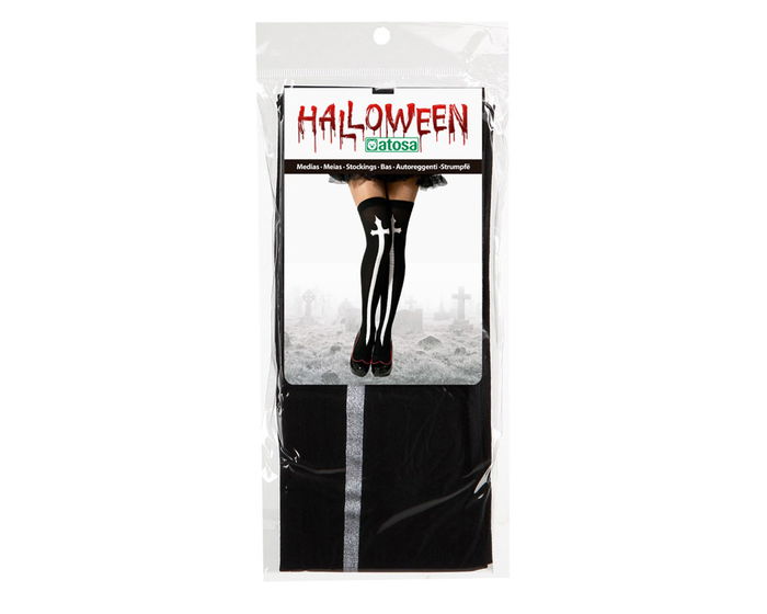 Medias Negras Altas Con Cruz Blanca Para Halloween, Medias para Disfraz de Monja Maldita, Bruja o Personaje del Inframundo