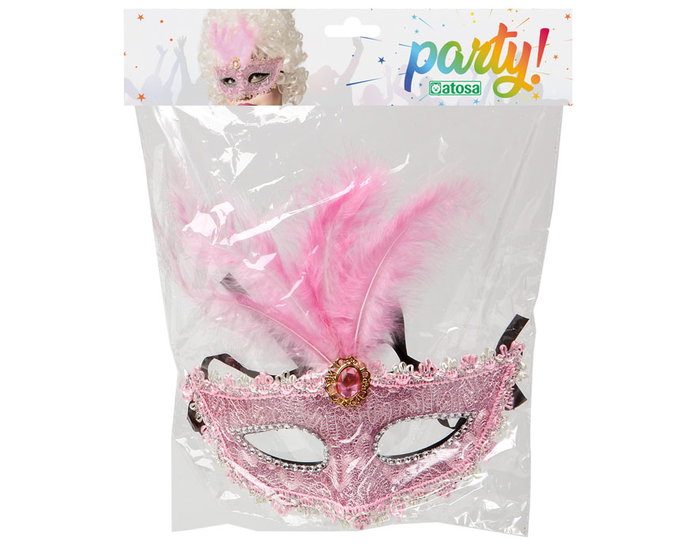 Antifaz Rosa Máscara Veneciana con Encaje y Plumas para Carnaval, Fiesta Temática y Halloween