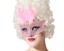 Antifaz Rosa Máscara Veneciana con Encaje y Plumas para Carnaval, Fiesta Temática y Halloween