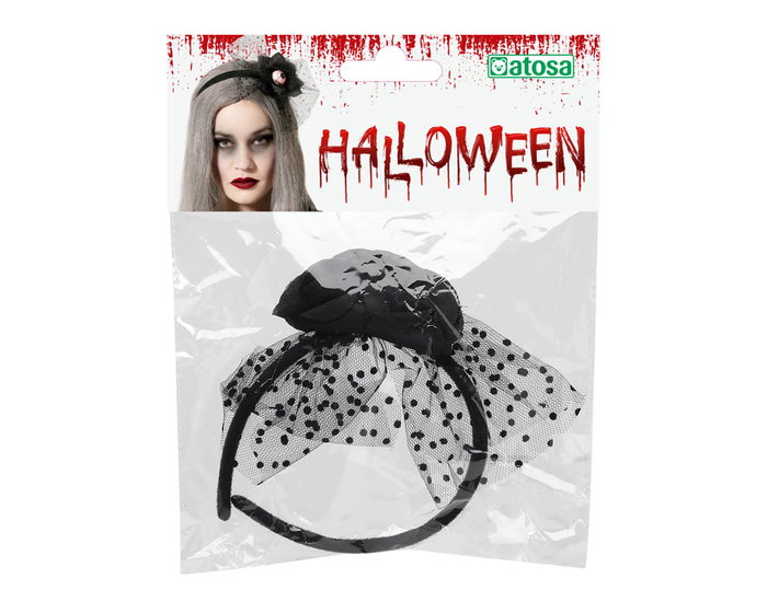 Diadema Halloween Decoración Ojo Sangriento Negro con Tul y Lunares - Complemento Macabro para Disfraces de Bruja o Criatura