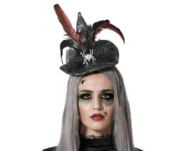 Diadema de Bruja Gris con Plumas y Araña Brillante para Halloween y Disfraces