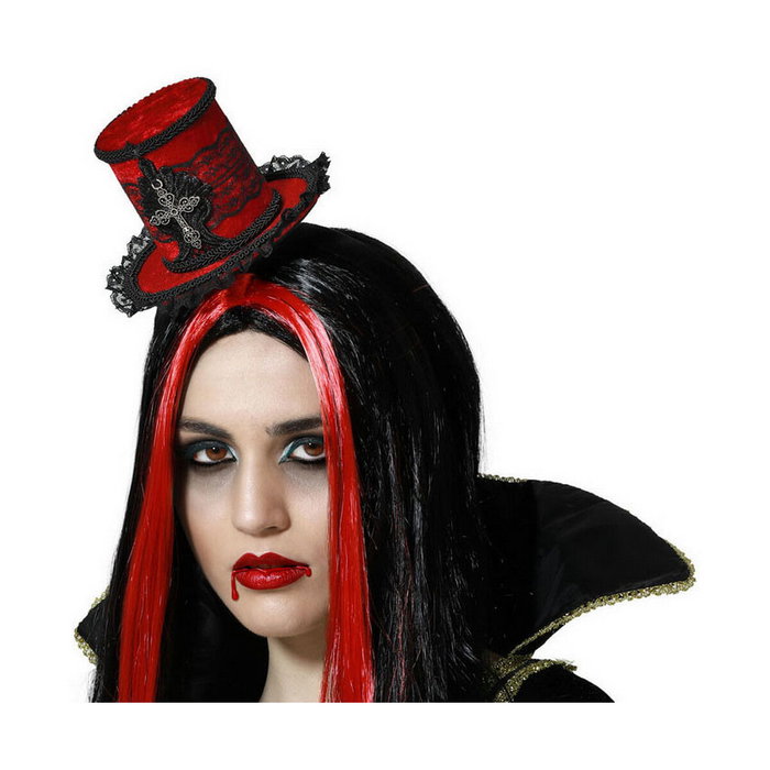 Atosa Diadema Sombrero de Copa Rojo y Negro con Encaje y Cruz Metálica