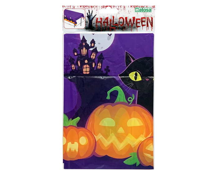 Mantel Halloween Violeta Con Calabazas Y Gato Negro, 183x132 cm, Para Mesa Familiar o Infantil, Decoración Terrorífica