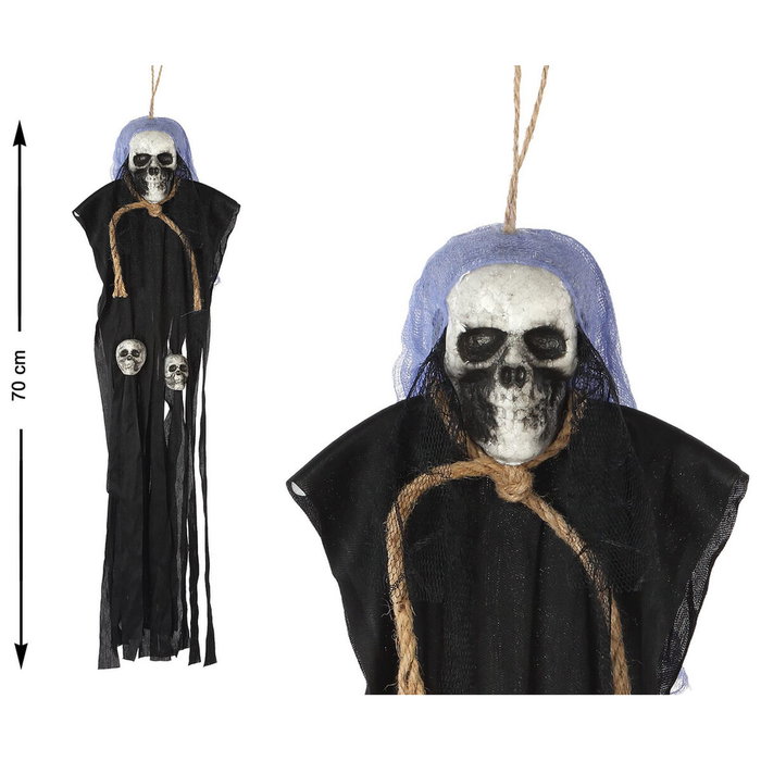 Atosa Colgante Esqueleto Calavera 70 cm con Capa Negra y Detalles de Cráneos