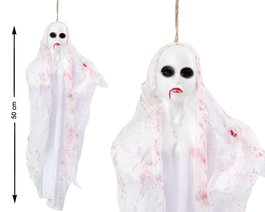 Colgante Decorativo Fantasma Blanco de 50 cm con Capa Ensangrentada y Ojos Negros - Adorno Halloween y Terror
