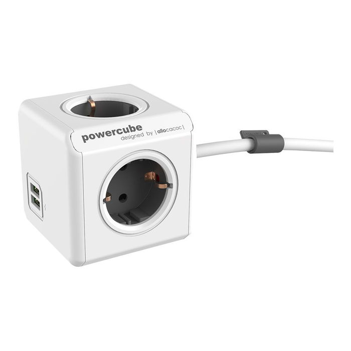 Powercube Extended + USB Base Múltiple, 4 Tomas de Corriente + 2 USB, Cable 1.5m, Color Surtido