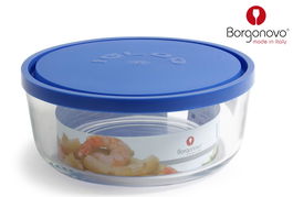 Borgonovo Fiambrera Redonda con Tapa Azul, Colección Igloo, Cristal, Ø 21.5 cm x 9 cm, 2200 cc (6 Unidades)