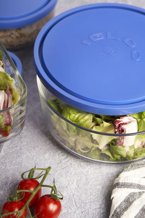 Borgonovo Fiambrera Redonda con Tapa Azul, Colección Igloo, Cristal, Ø 21.5 cm x 9 cm, 2200 cc (6 Unidades)