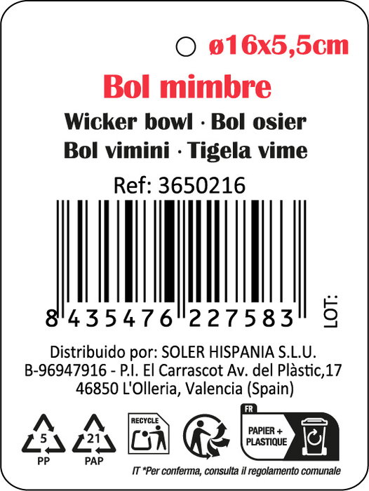 Privilege Bol de Mimbre 16x16x5,5cm