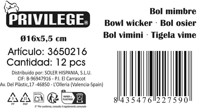Privilege Bol de Mimbre 16x16x5,5cm
