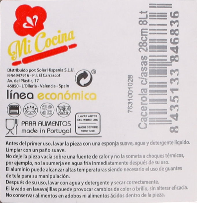 Mi Cocina Cacerola con Asas de Aluminio de 28 cm y 8 Litros (4 Unidades)