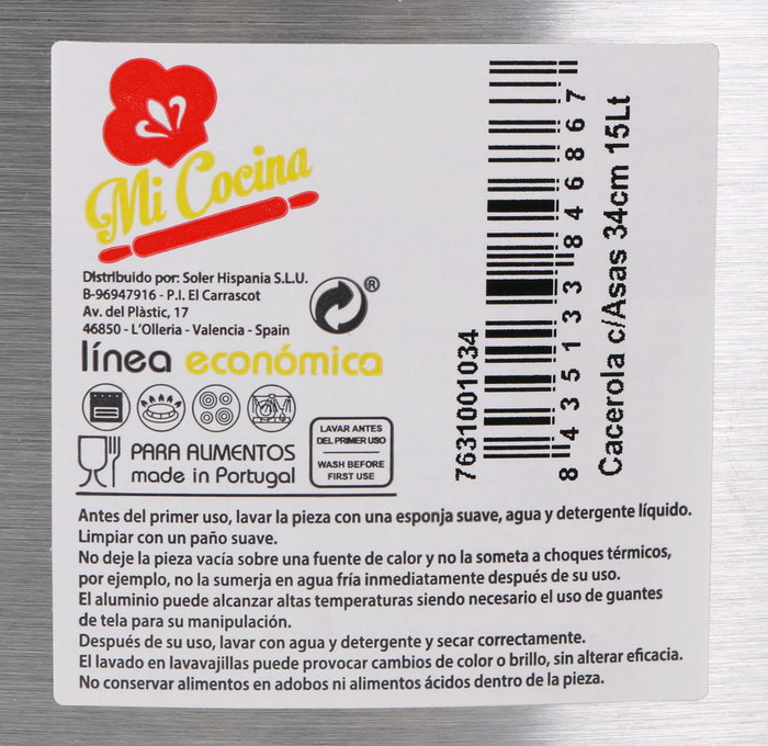Mi Cocina Cacerola con Asas y Tapa de Aluminio 34 cm 15 L (3 Unidades) Mi Cocina Cacerola con Asas y Tapa de Aluminio 34 cm 15 L (3 Unidades)