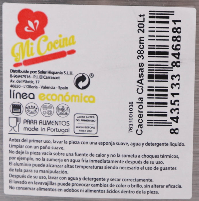 Mi Cocina Cacerola Aluminio con Tapa y Asas 38 cm 20 Litros (2 Unidades)