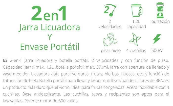 Kiwi Batidora-Licuadora 2 en 1, 500W, 1.2L