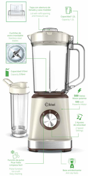 Kiwi Batidora-Licuadora 2 en 1, 500W, 1.2L