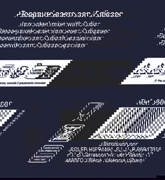 Quttin Pasapurés de Acero Inoxidable con 3 Discos, 24 cm (6 Unidades) Quttin Pasapurés de Acero Inoxidable con 3 Discos, 24 cm (6 Unidades)