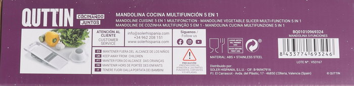 Quttin Mandolina 5 Funciones 28.6 cm Largo x 7.8 cm Ancho x 12.1 cm Alto (12 Unidades)