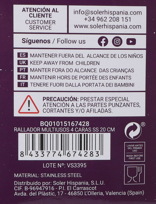 Quttin Rallador Multiusos 4 Caras Acero Inoxidable 20 cm (12 Unidades)