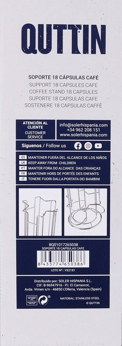 Quttin Soporte para 24 Cápsulas de Café, 18 Piezas, Medidas 11.5x33 cm (6 Unidades)