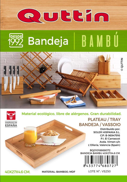 Quttin Bandeja Bambú 40 x 27 x 4.6 cm (6 Unidades)