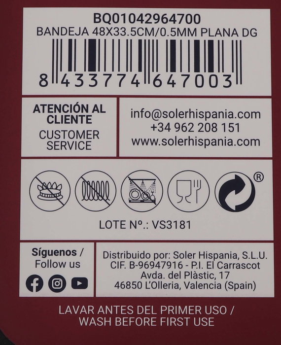 Quttin Bandeja Plana 48 x 33.5 cm con Grosor de 0.5 mm (12 Unidades)