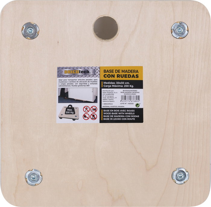 Bricotec Base De Madera C/Ruedas 30x30 cm Carga 5.98 kg (4 Unidades)