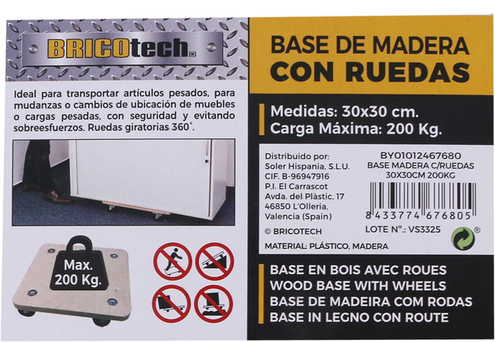 Bricotec Base De Madera C/Ruedas 30x30 cm Carga 5.98 kg (4 Unidades) Bricotec Base De Madera C/Ruedas 30x30 cm Carga 5.98 kg (4 Unidades)