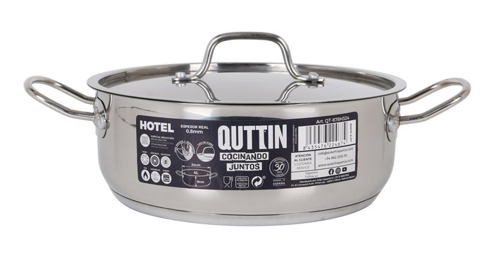 Quttin Cacerola con Tapa de Acero Inoxidable, Diámetro 24 cm, Grosor 0.8 mm, Capacidad 4 Litros, Color Dorado (4 Unidades)