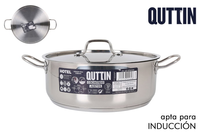 Quttin Cacerola Industrial con Tapa de Acero, 28 cm de Diametro, Espesor 0.8 mm, Capacidad 6.5 Litros (2 Unidades)