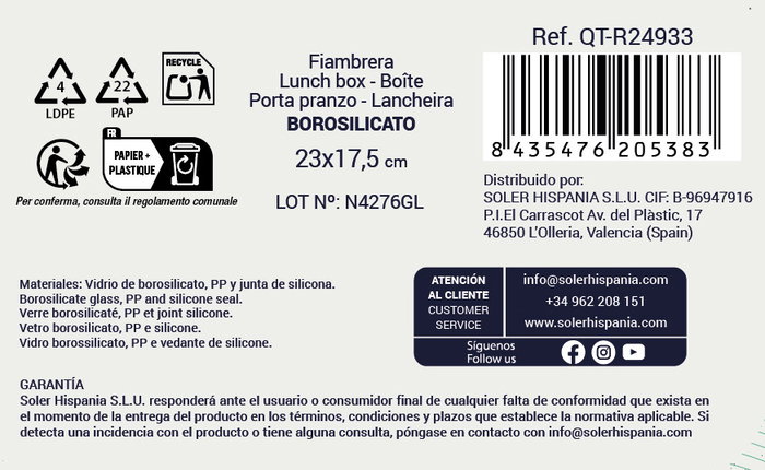Quttin Fiambrera Rectangular Hermética 23 x 17.5 cm 1.5 L (6 Unidades)