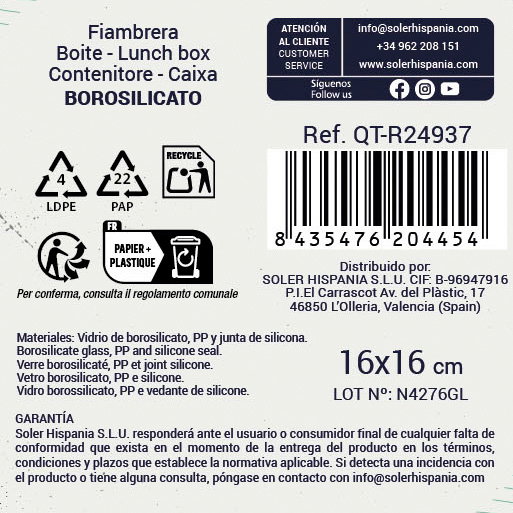 Quttin Fiambrera Cuadrada Hermética con Tapa 16 x 16 cm 750 cc (6 Unidades)