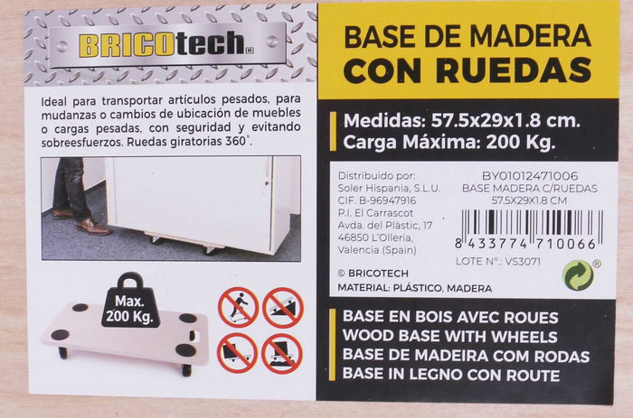 Bricotech Base Madera con Ruedas 57.5 cm x 29 cm x 1.8 cm (6 Unidades)