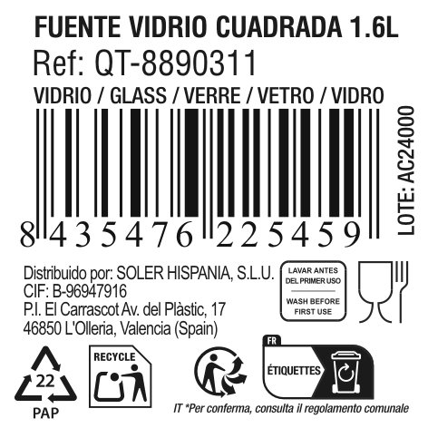 Quttin Fuente Vidrio Cuadrada 25 x 22 cm 1.6L (6 Unidades)