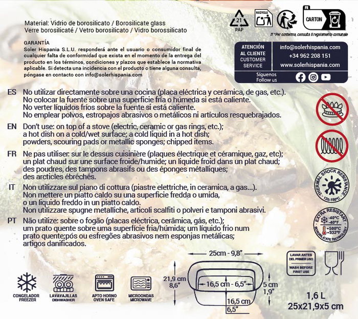 Quttin Fuente Vidrio Cuadrada 25 x 22 cm 1.6L (6 Unidades)