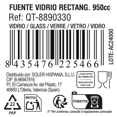 Quttin Pack de 6 Fuentes Rectangulares de Vidrio 950 cc, 23x15 cm