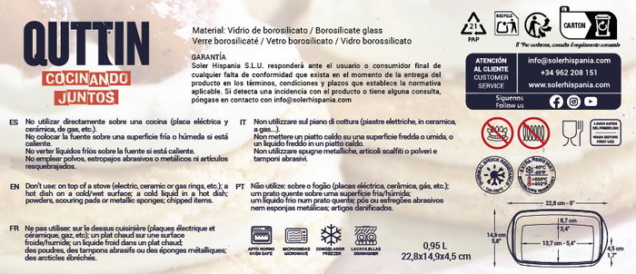 Quttin Pack de 6 Fuentes Rectangulares de Vidrio 950 cc, 23x15 cm