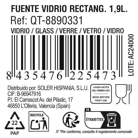 Quttin Fuente Rectangular de Vidrio 28 x 20 cm 1.9 L (6 Unidades)