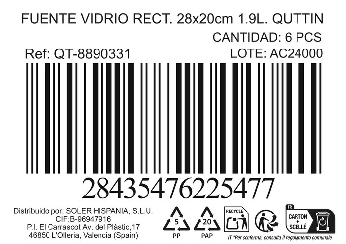 Quttin Fuente Rectangular de Vidrio 28 x 20 cm 1.9 L (6 Unidades)