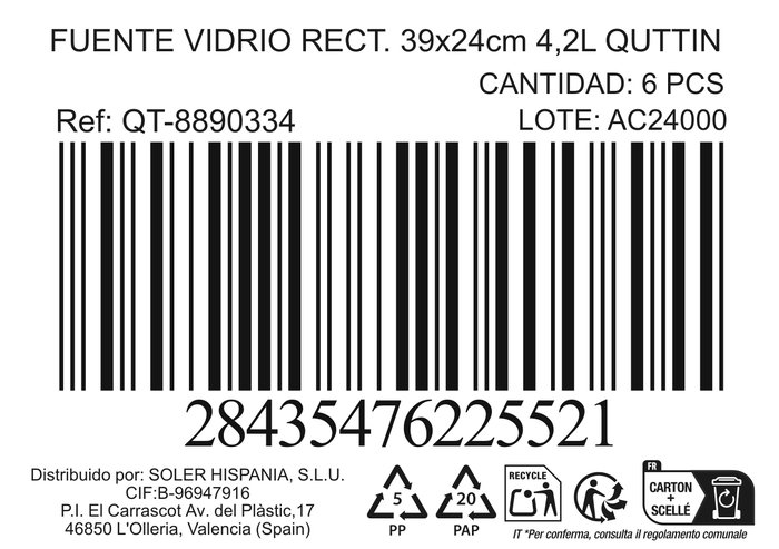Quttin Fuente de Vidrio Rectangular 39x24 cm para Horno con Capacidad 4.2L (6 Unidades)