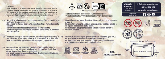 Quttin Fuente de Vidrio Rectangular 39x24 cm para Horno con Capacidad 4.2L (6 Unidades)