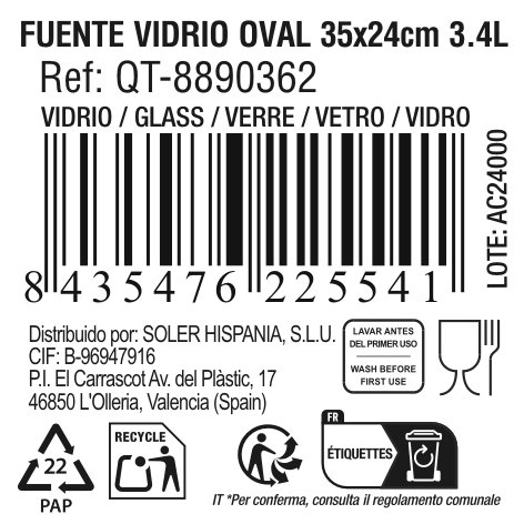 Quttin Fuente Vidrio Oval 35 cm x 24 cm 3.4L (6 Unidades)