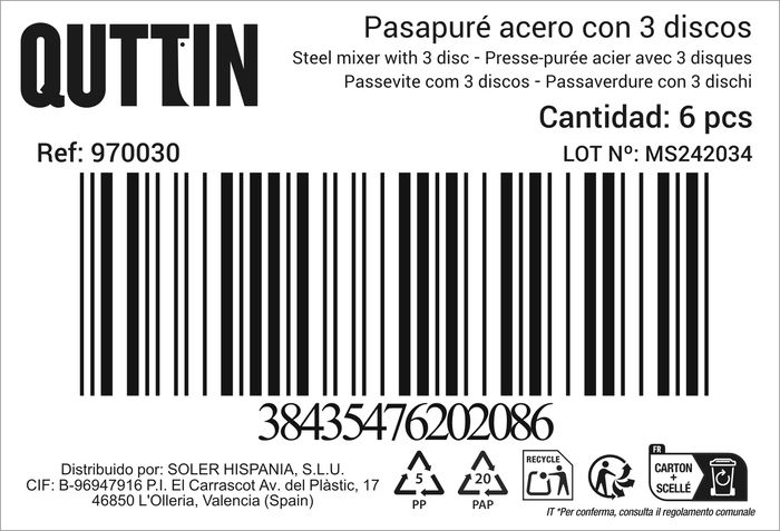 Quttin Pasapurés de Acero Inoxidable con 3 Discos 20 cm (6 Unidades)