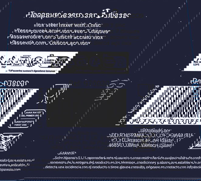 Quttin Pasapurés de Acero Inoxidable con 3 Discos 20 cm (6 Unidades)